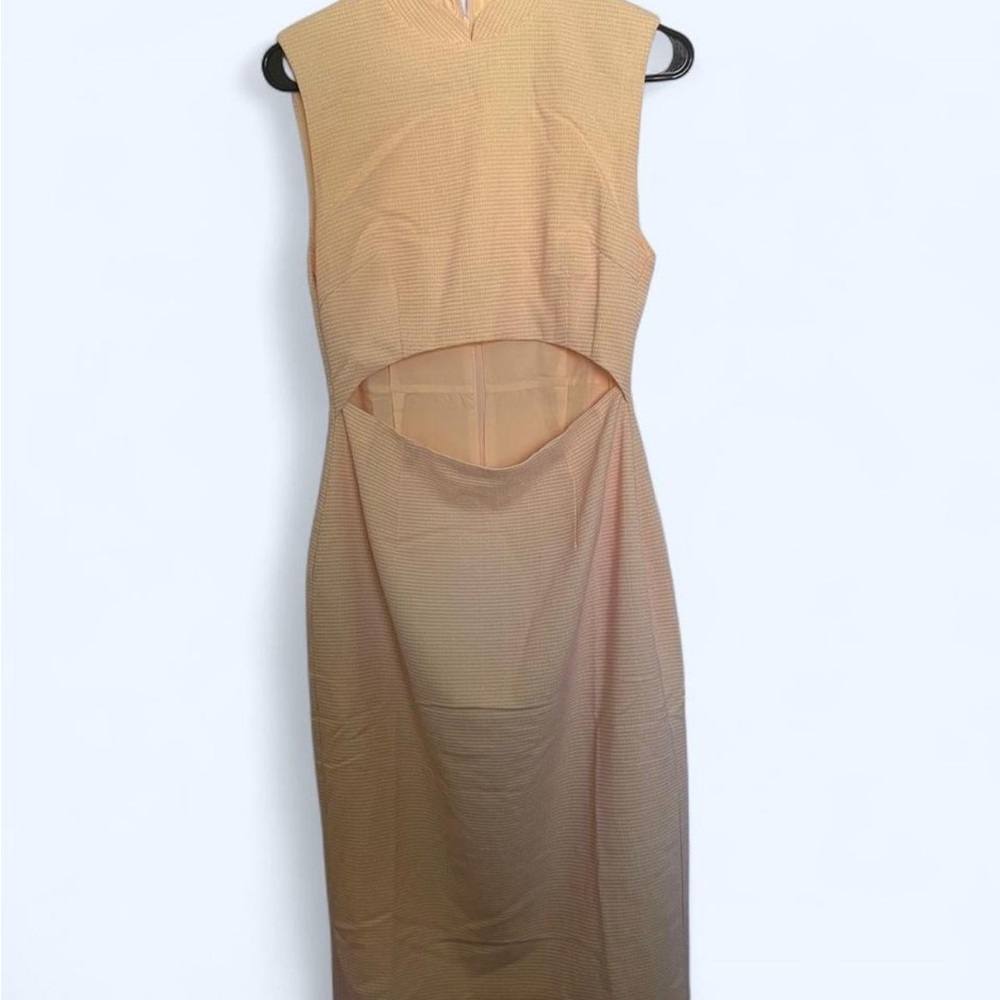 Tan Sleeveless Sheath Dress with Mock Neck for Cocktail